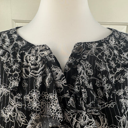 LOFT Women's Black White Floral Ruffle Blouse Metallic Thread Size XL