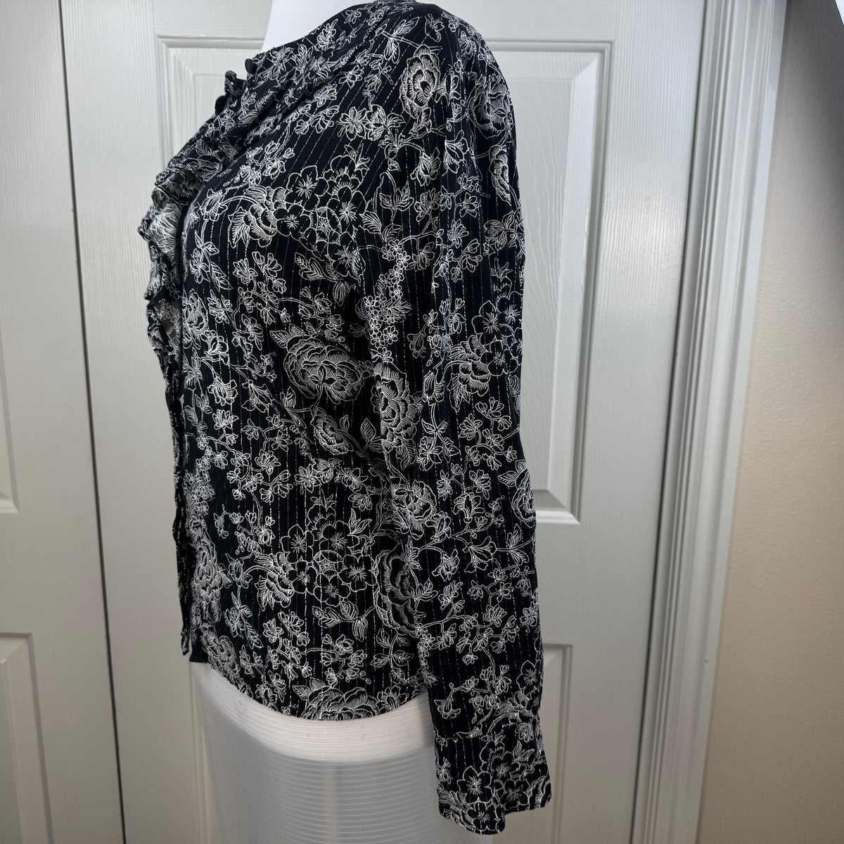 LOFT Women's Black White Floral Ruffle Blouse Metallic Thread Size XL