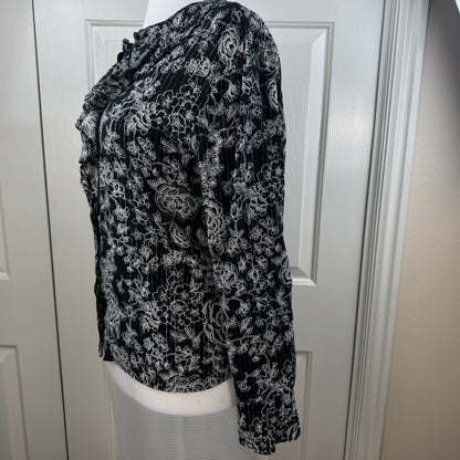 LOFT Women's Black White Floral Ruffle Blouse Metallic Thread Size XL