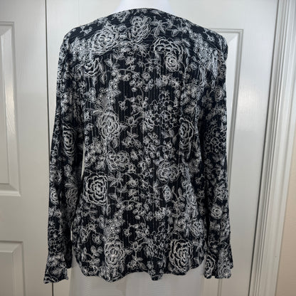 LOFT Women's Black White Floral Ruffle Blouse Metallic Thread Size XL