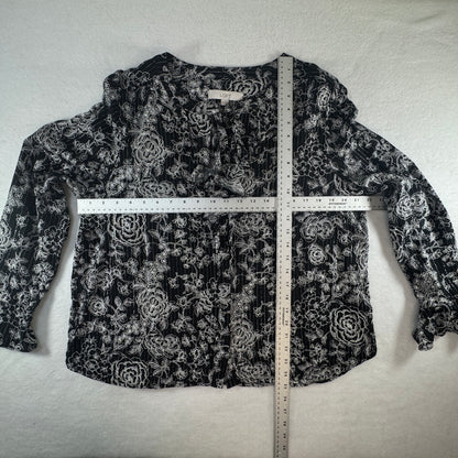 LOFT Women's Black White Floral Ruffle Blouse Metallic Thread Size XL