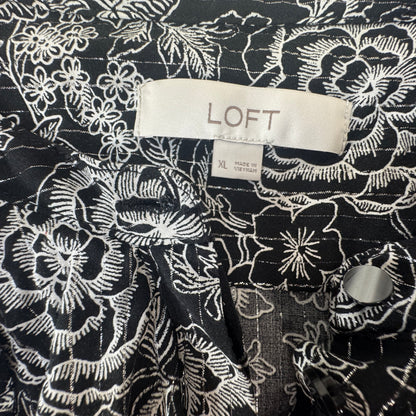 LOFT Women's Black White Floral Ruffle Blouse Metallic Thread Size XL