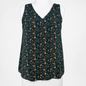 A sleeveless V-neck top with a dense floral and paisley print, displayed on a white mannequin torso against a plain white background.
