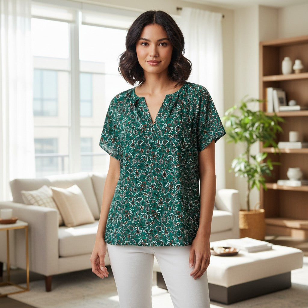 A woman stands in a bright living room wearing a short-sleeve V-neck blouse with an allover green, white, and burgundy paisley pattern, paired with white pants.