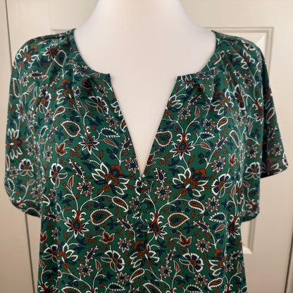 LOFT Women's Green Floral Paisley Split Neck Short Sleeve Blouse Size XL