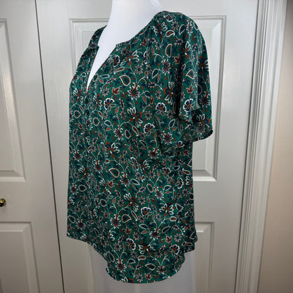 LOFT Women's Green Floral Paisley Split Neck Short Sleeve Blouse Size XL