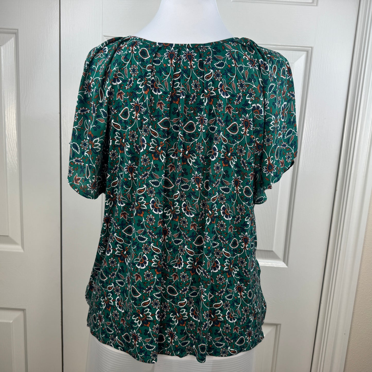 LOFT Women's Green Floral Paisley Split Neck Short Sleeve Blouse Size XL