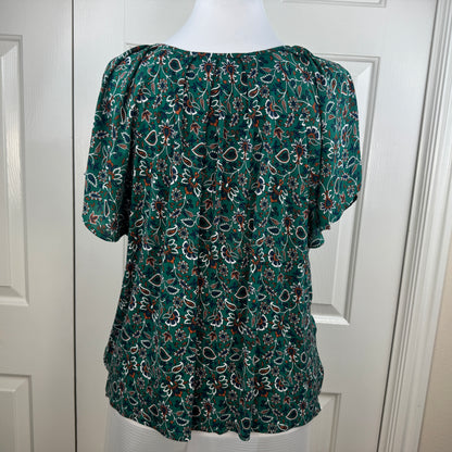 LOFT Women's Green Floral Paisley Split Neck Short Sleeve Blouse Size XL