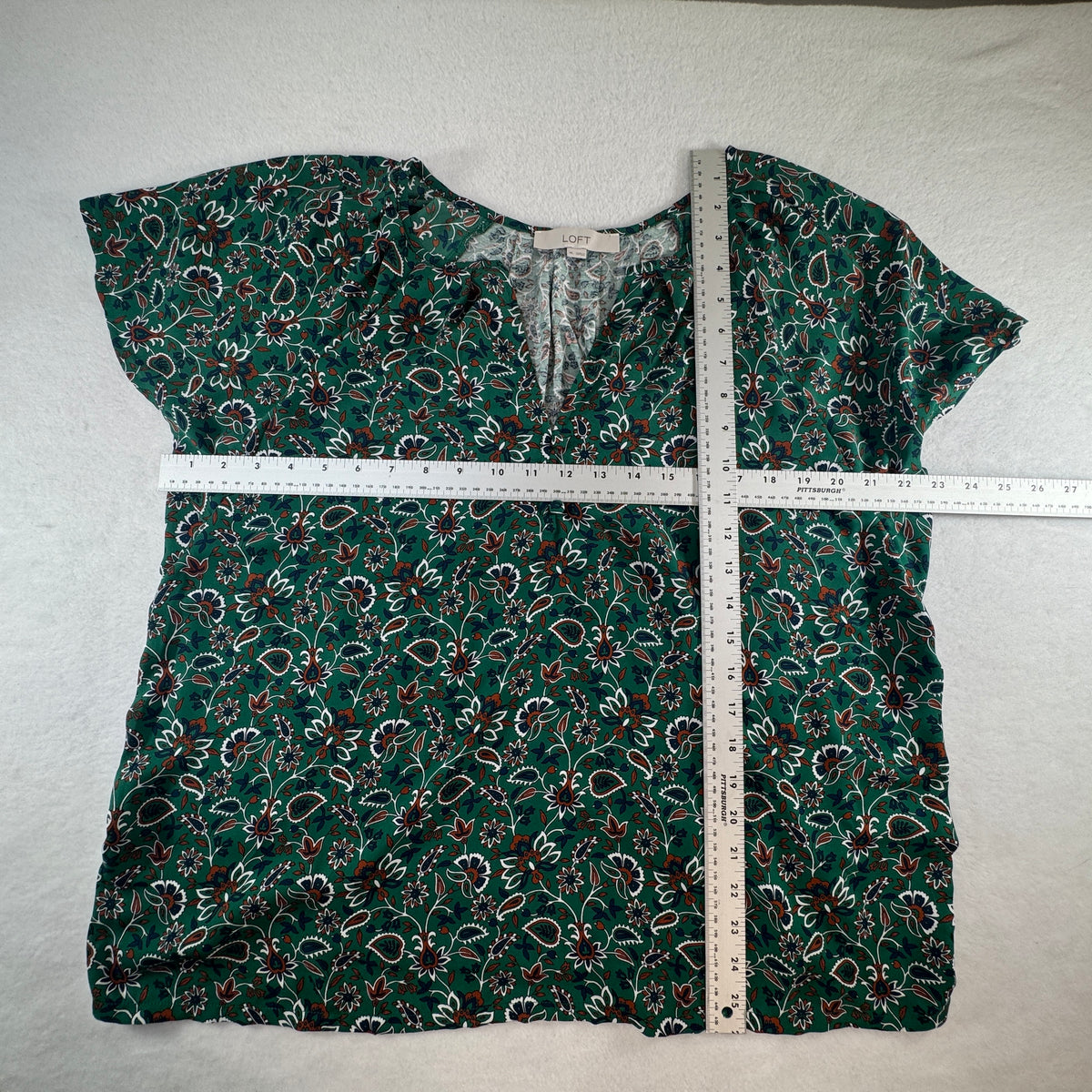 LOFT Women's Green Floral Paisley Split Neck Short Sleeve Blouse Size XL