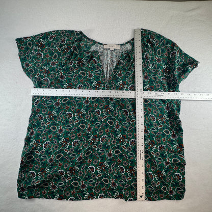 LOFT Women's Green Floral Paisley Split Neck Short Sleeve Blouse Size XL