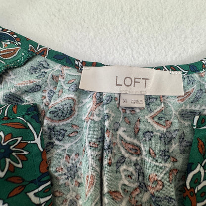 LOFT Women's Green Floral Paisley Split Neck Short Sleeve Blouse Size XL