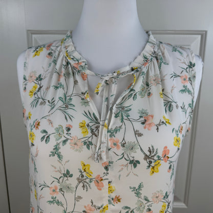 LOFT Women's Floral Sleeveless Ruffle Tie Neck Blouse Ivory Size S