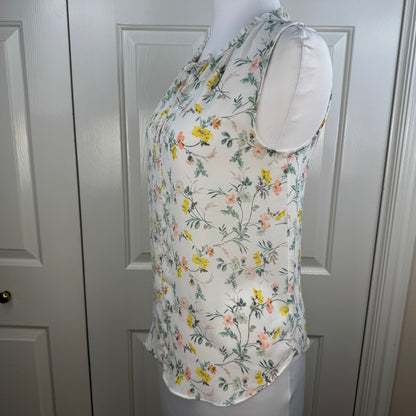 LOFT Women's Floral Sleeveless Ruffle Tie Neck Blouse Ivory Size S