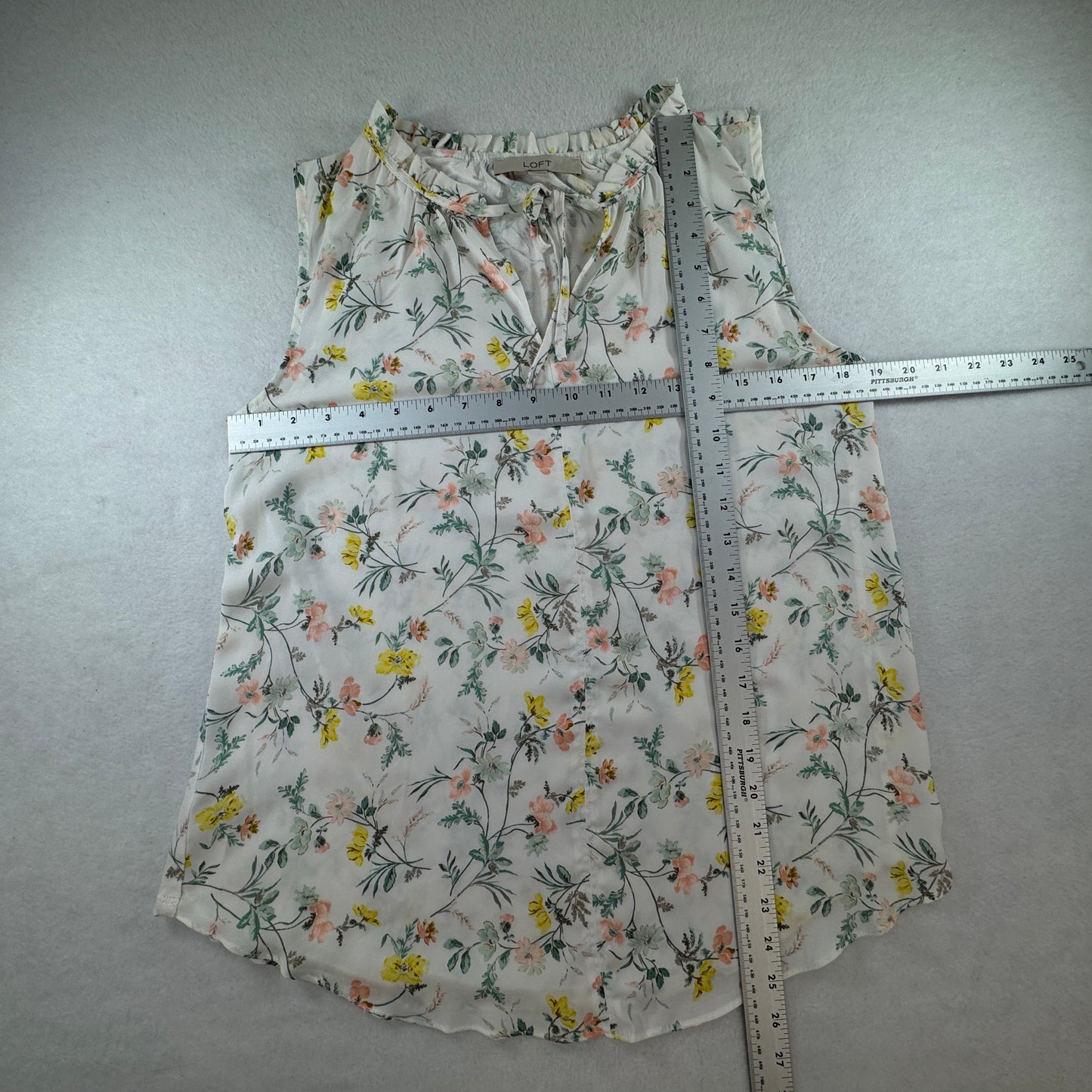 LOFT Women's Floral Sleeveless Ruffle Tie Neck Blouse Ivory Size S