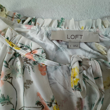LOFT Women's Floral Sleeveless Ruffle Tie Neck Blouse Ivory Size S