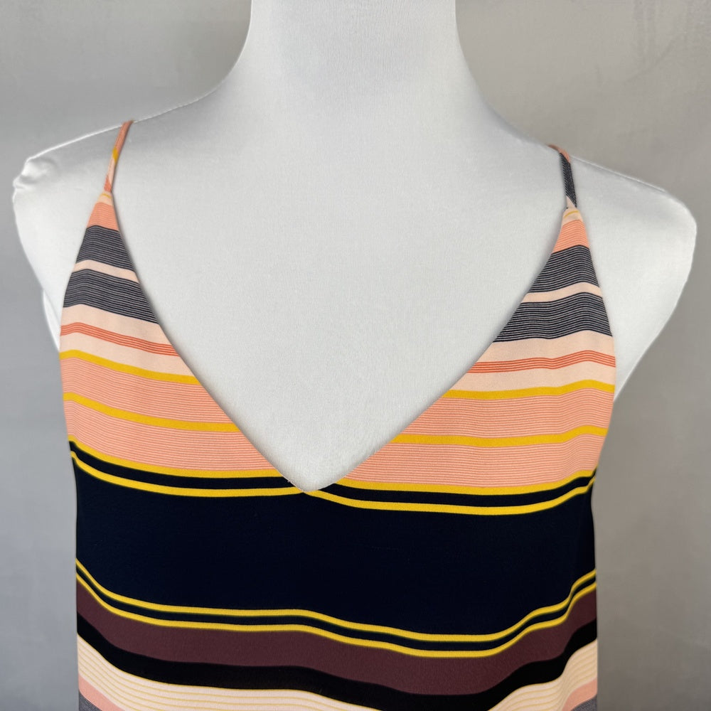 Front top detail view of Loft striped tank top on a mannequin against a gray background