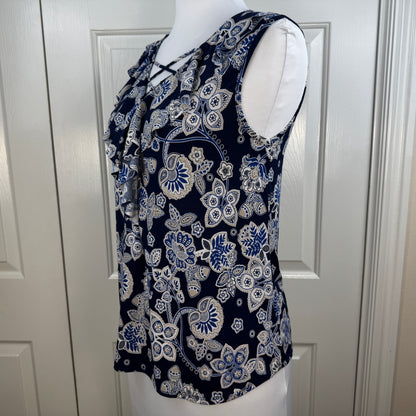 Naif Women's Floral Crisscross Ruffle Sleeveless Blouse Navy Blue Size M