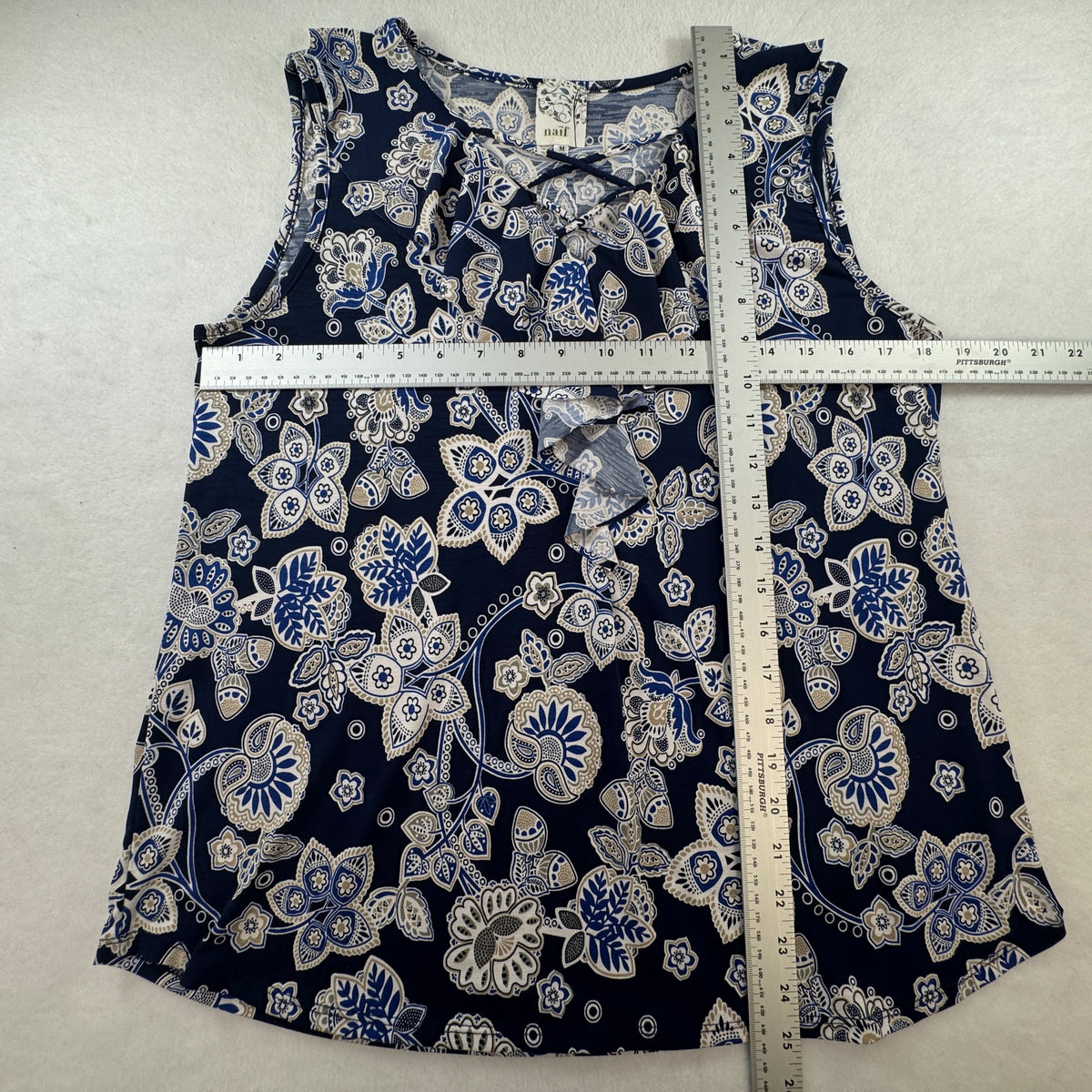 Naif Women's Floral Crisscross Ruffle Sleeveless Blouse Navy Blue Size M