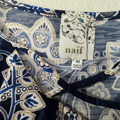 Naif Women's Floral Crisscross Ruffle Sleeveless Blouse Navy Blue Size M