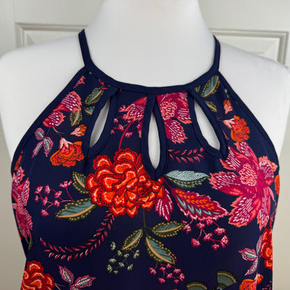 PaperMoon Women's Navy Floral Halter Keyhole Sleeveless Blouse Size M