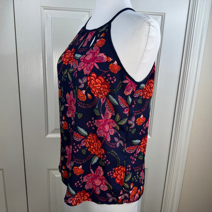 PaperMoon Women's Navy Floral Halter Keyhole Sleeveless Blouse Size M