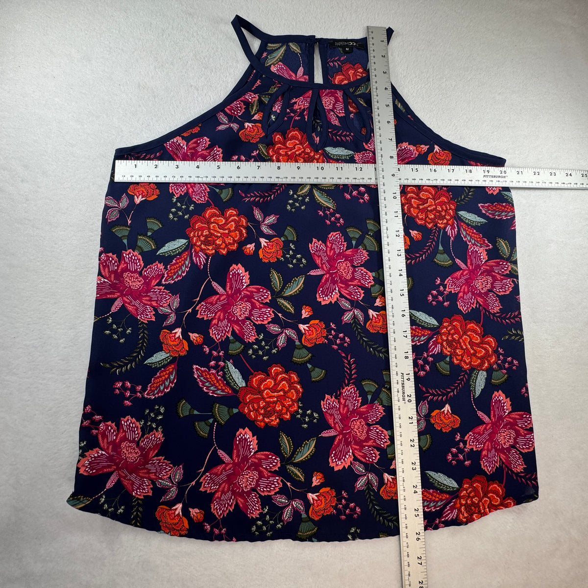 PaperMoon Women's Navy Floral Halter Keyhole Sleeveless Blouse Size M