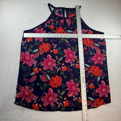 PaperMoon Women's Navy Floral Halter Keyhole Sleeveless Blouse Size M