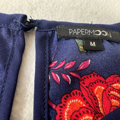 PaperMoon Women's Navy Floral Halter Keyhole Sleeveless Blouse Size M