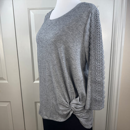 Retrology Women's Lace Sleeve Side Twist Knit Top Gray Plus Size 2X