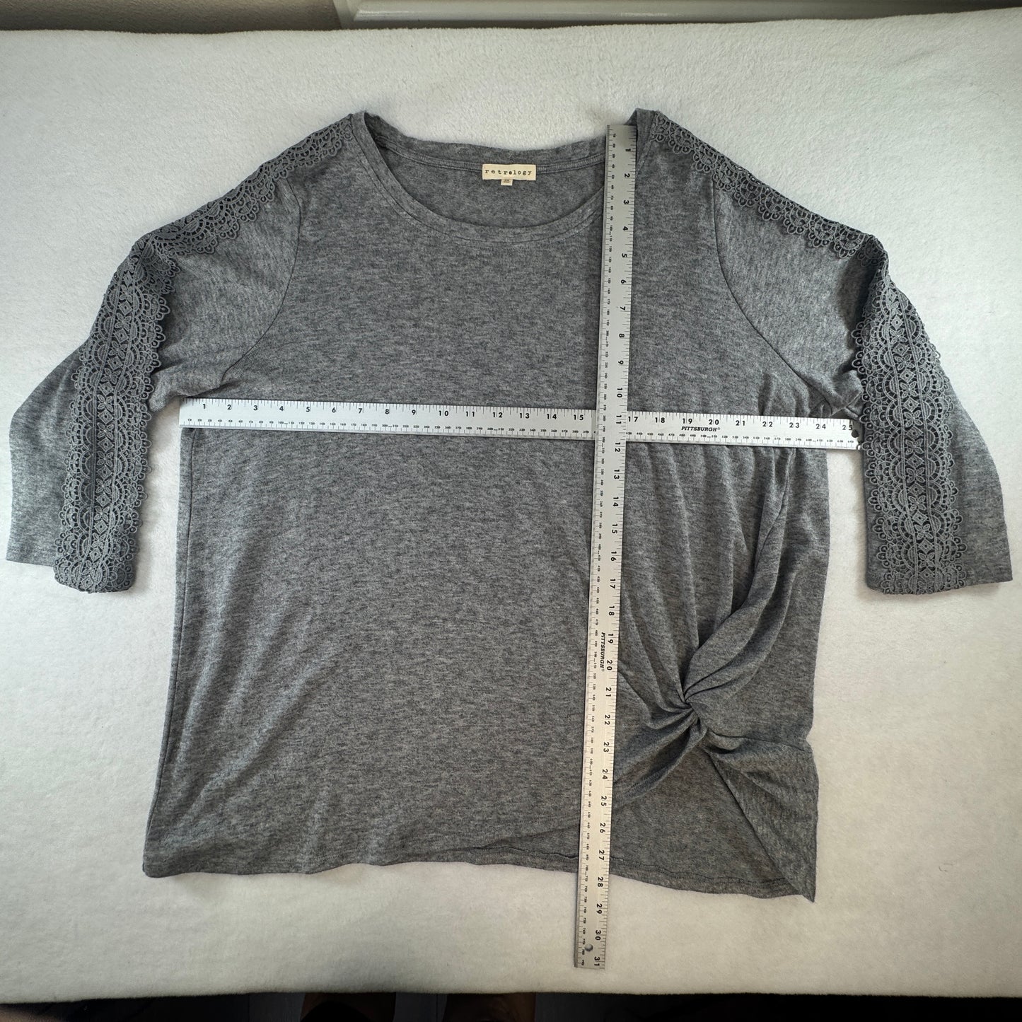 Retrology Women's Lace Sleeve Side Twist Knit Top Gray Plus Size 2X