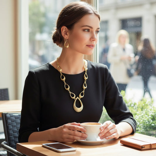 A woman in a black long-sleeve top sits at a cafe table holding a white coffee cup, wearing a chunky gold link necklace with a teardrop pendant and matching gold teardrop earrings.