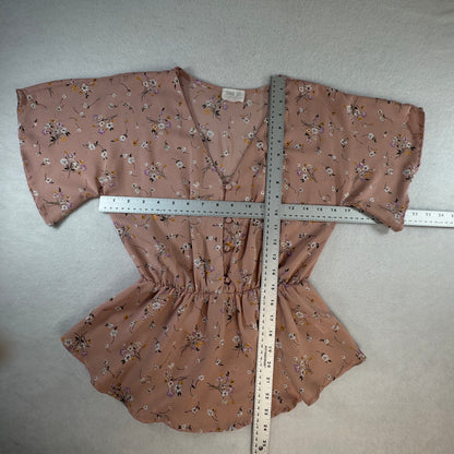 Sienna Sky Floral Peplum Blouse Peach Pink V-Neck Button Front Size XS