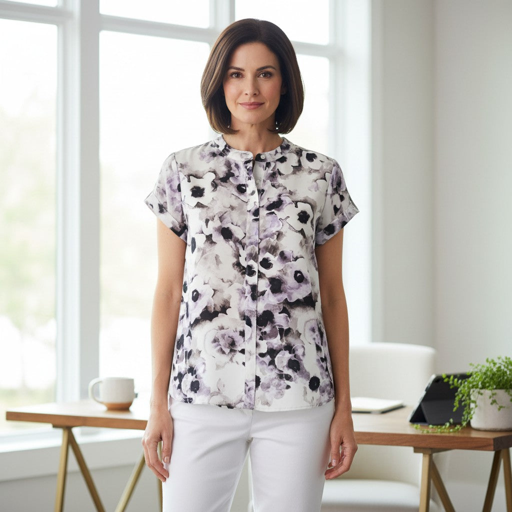 A woman stands indoors wearing a short-sleeve button-front blouse with a white base and a black and gray floral print, paired with white pants. The setting is a bright room with large windows, a wooden table, and a chair in the background.