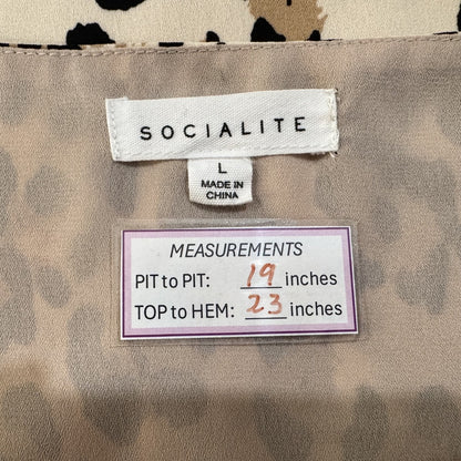Clothing tag view on a garment with 'Socialite' branding and measurements.