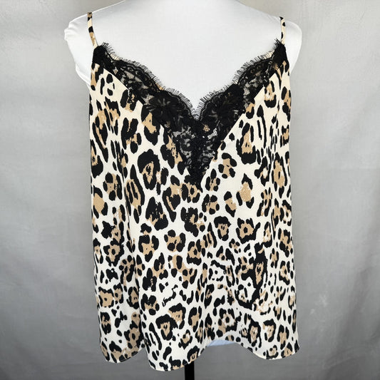 Front view of Socialite leopard print camisole with black lace trim on a mannequin against a gray background