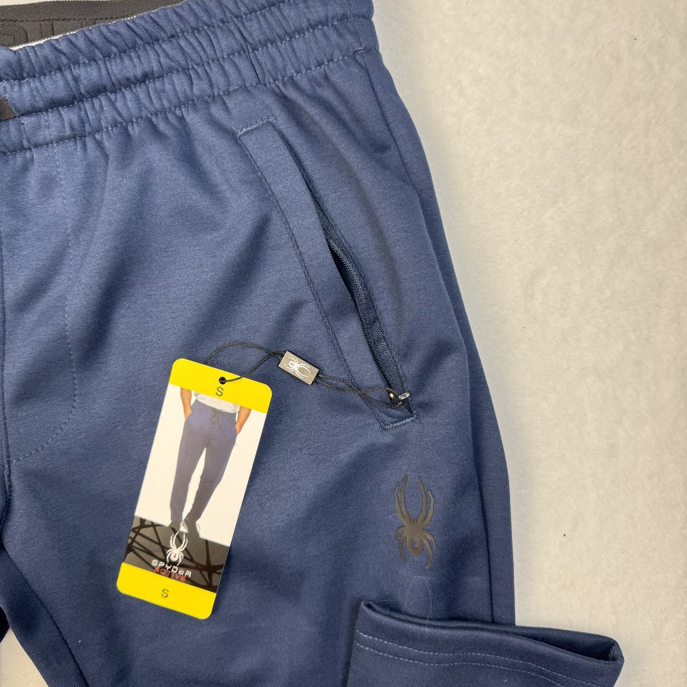Side view on Spyder blue jogger pants, size S