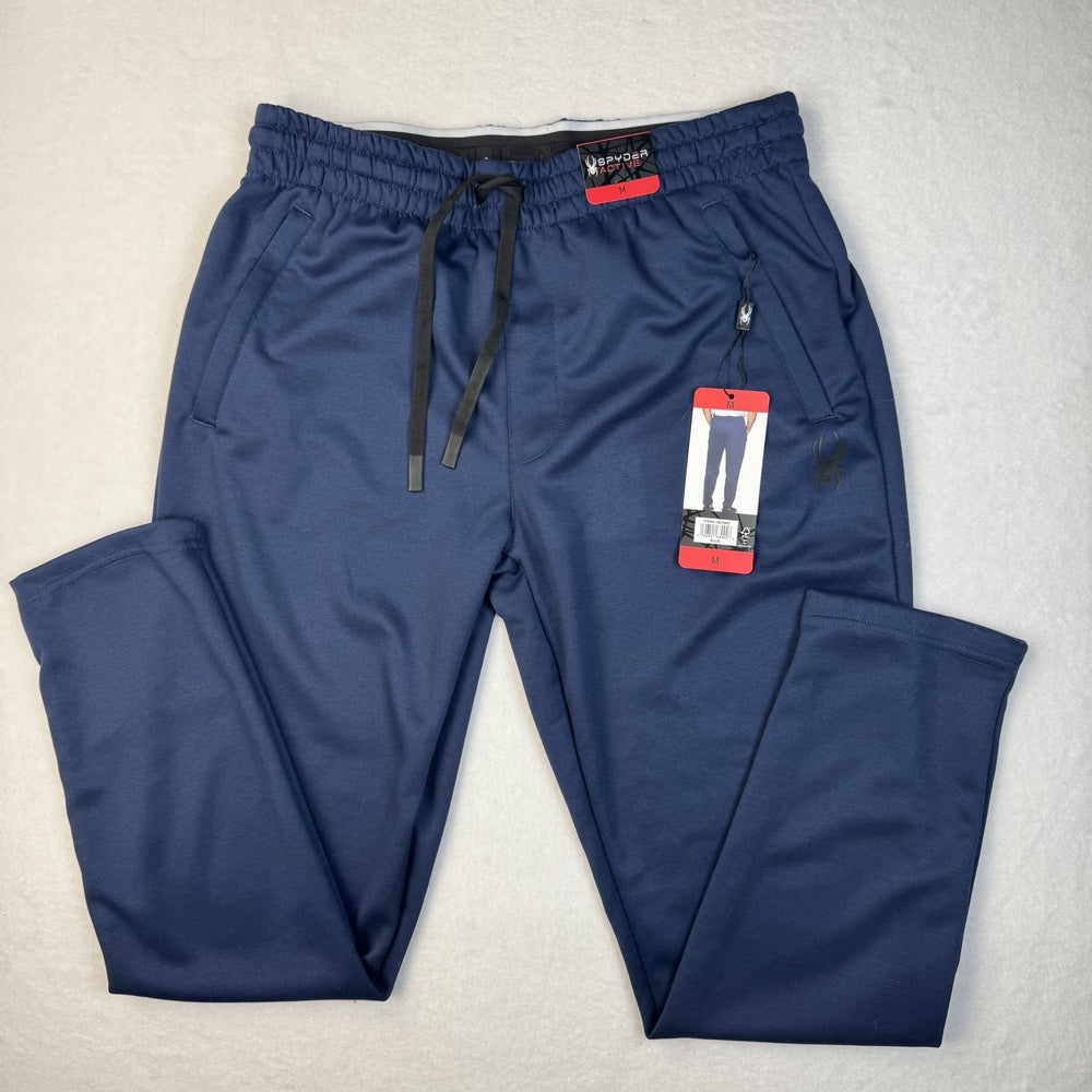 Front view on Spyder blue jogger pants, size M