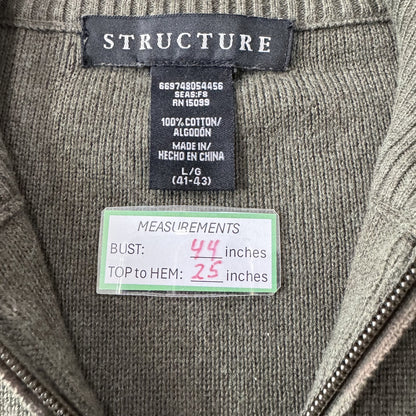 Clothing label with measurements on Structure knit green sweater size L
