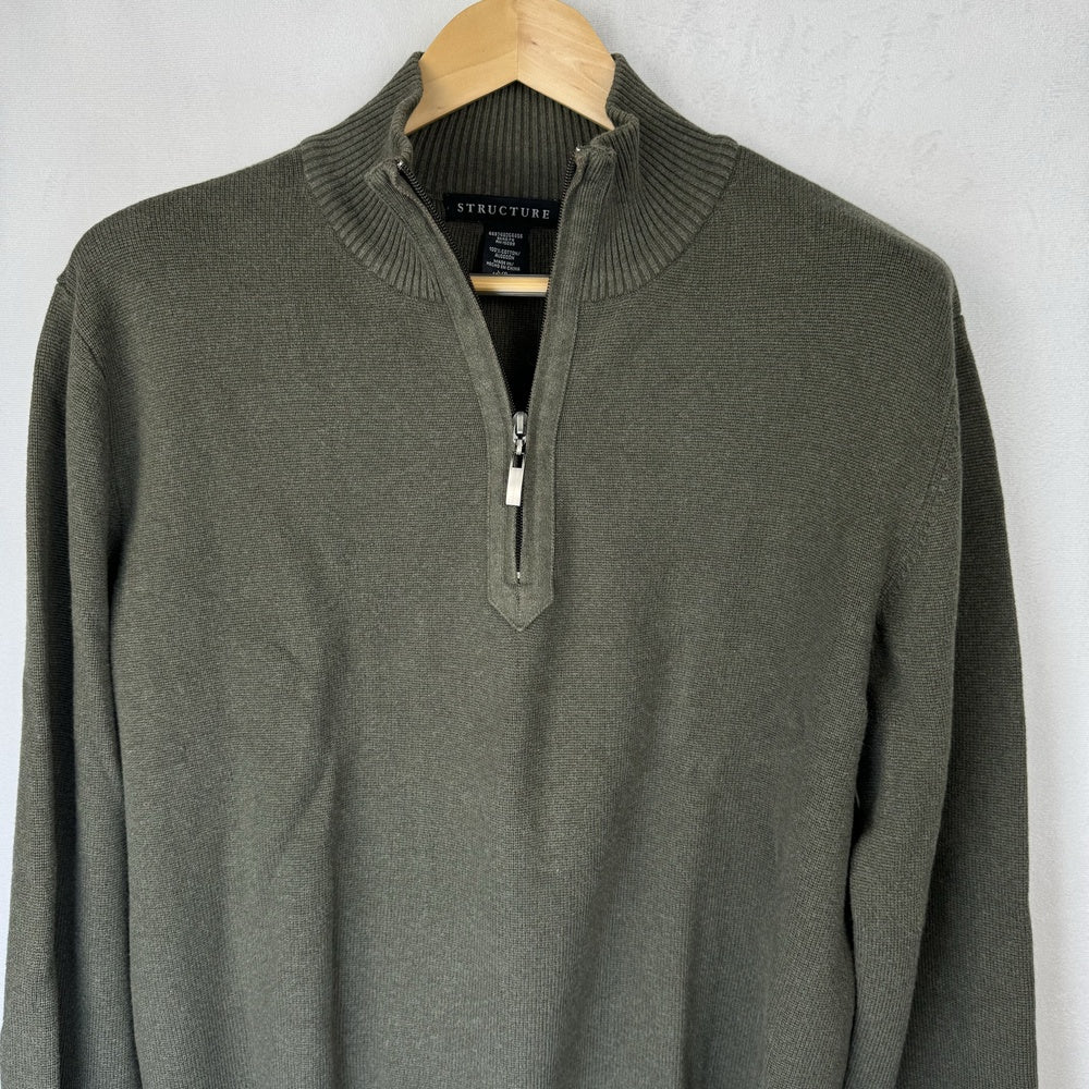 Neckline view of Structure green sweater with a quarter zip size L