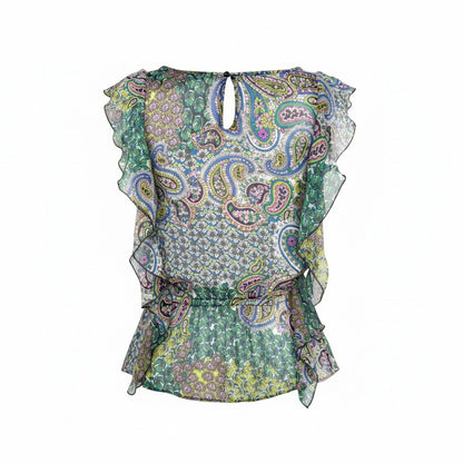 Blusa multicolor para mujer Susie Rose, cuello barco, manga con vuelo transparente, talla pequeña