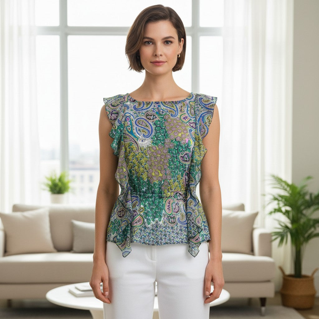 Susie Rose women’s multicolor paisley print blouse with flutter sleeves, shown with white pants