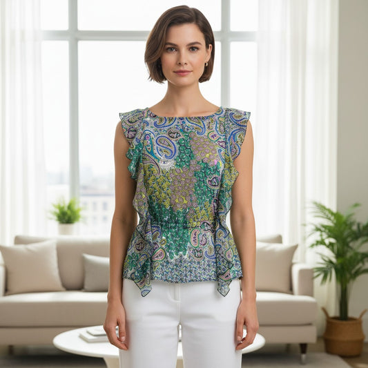 Susie Rose women’s multicolor paisley print blouse with flutter sleeves, shown with white pants