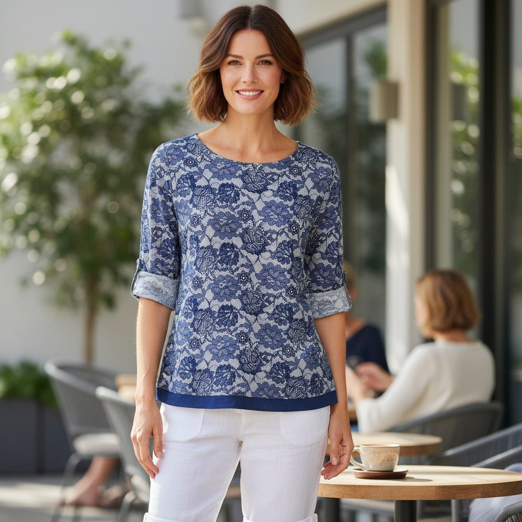 Suzie in the City women's navy blue floral lace print tunic top size medium with short sleeves and asymmetrical hem
