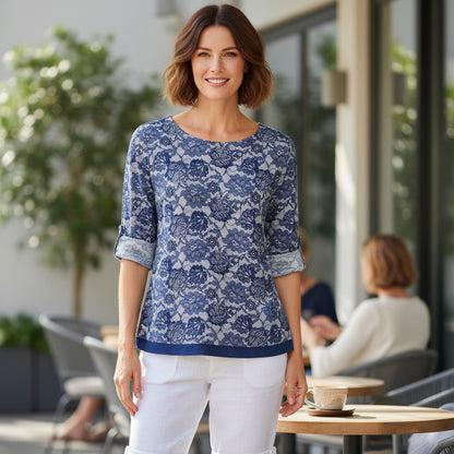Suzie in the City women's navy blue floral lace print tunic top size medium with short sleeves and asymmetrical hem