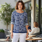 Suzie in the City women's navy blue floral lace print tunic top size medium with short sleeves and asymmetrical hem