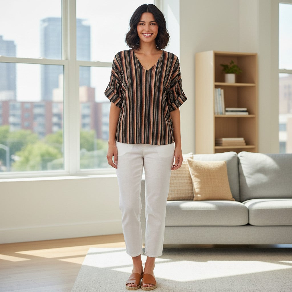 Vanessa Virginia women's multicolor striped pleated flutter sleeve V-neck blouse size medium