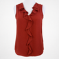 A rust red sleeveless blouse with a ruffled collar and a cascading ruffle down the front, displayed on a white mannequin torso against a white background.