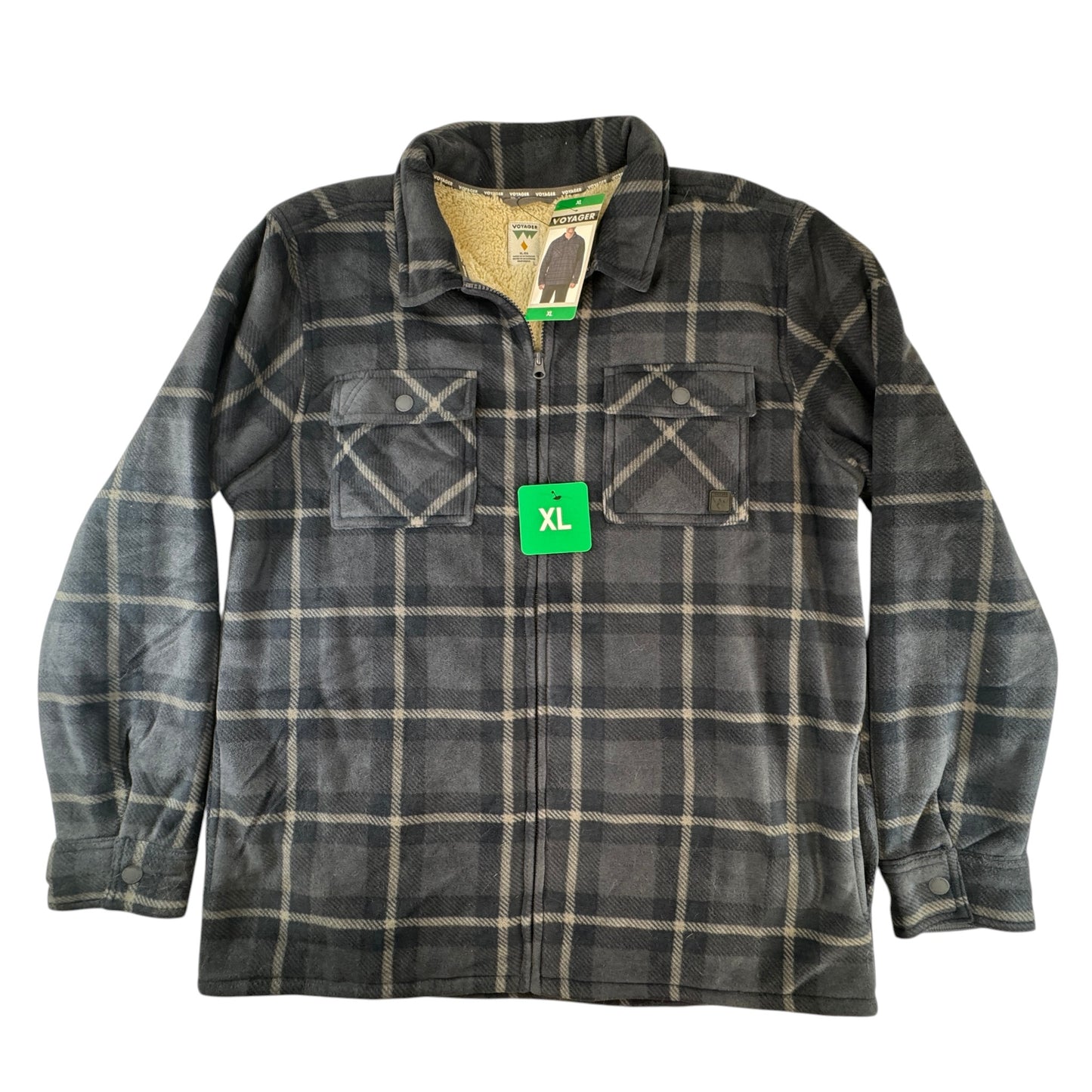 Voyager Men's Sherpa Lined Plaid Shirt Jacket XL NWT Charcoal Gray Full Zip