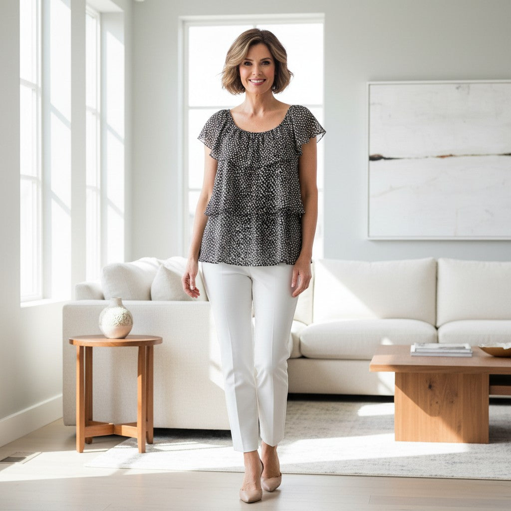 A woman stands in a bright, modern living room wearing a black and white patterned tiered short-sleeve blouse and white pants.