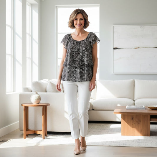 A woman stands in a bright, modern living room wearing a black and white patterned tiered short-sleeve blouse and white pants.